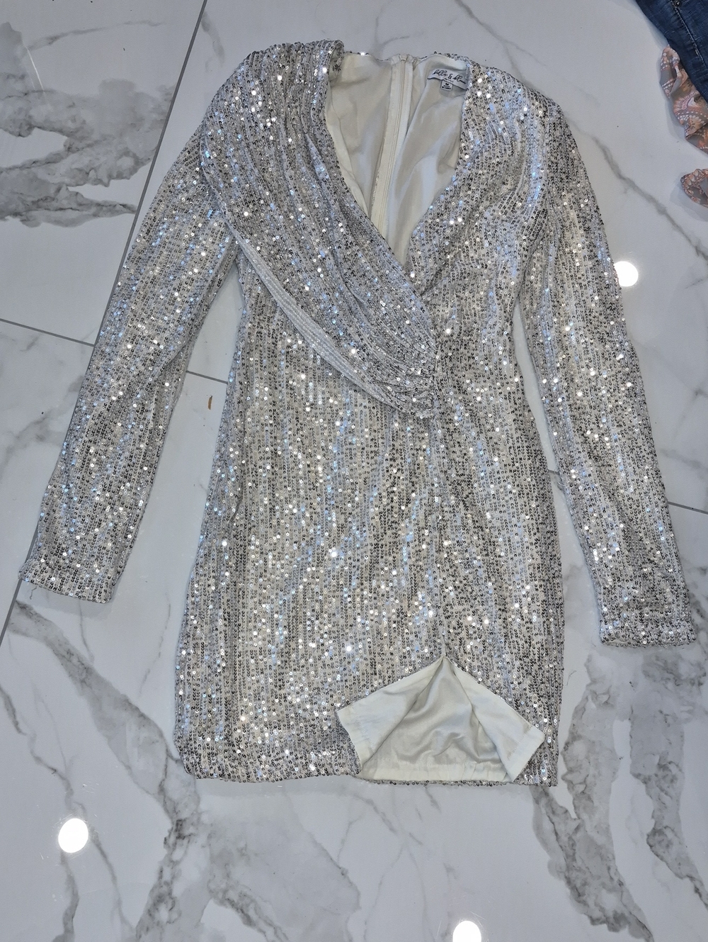 Silver Sequin Draped V-Neck Dress